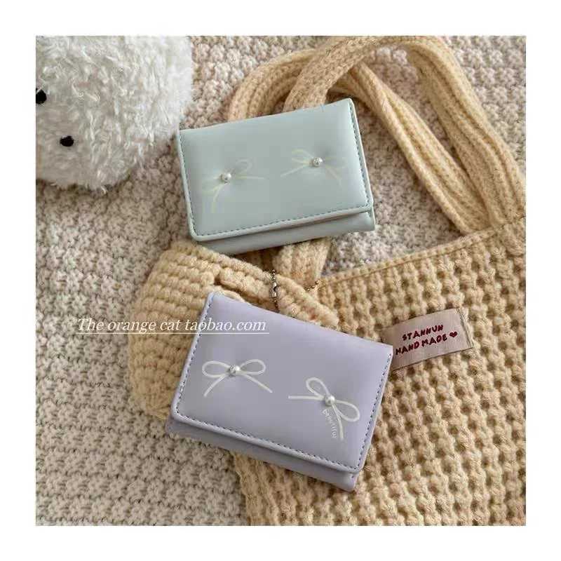 Cute Bow Short Folding Wallet Korean Style Handheld Waterproof Mey Bag Coin Purse Japanese Female PU Leather Photo Card Holder XJ250624