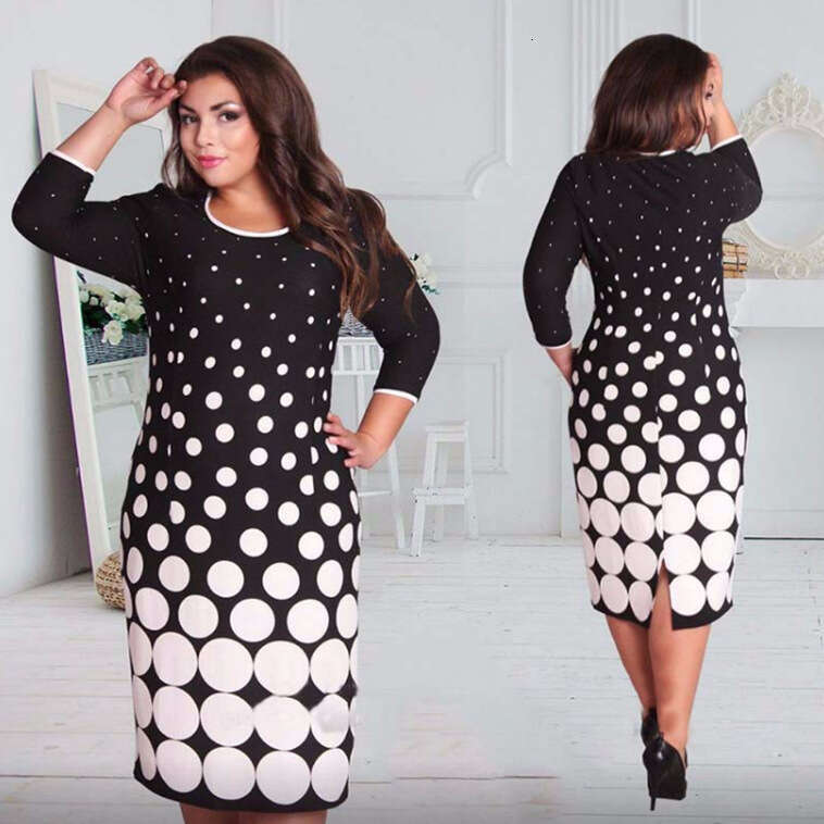 2019 Women's Clothing Round Neck Polka Dot Print Plus Size Dress B5