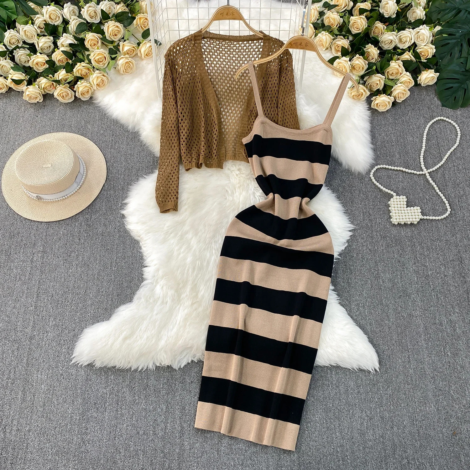 2025 Summer Women Hollow Out Knitted Solid Cardigan Tops Elatic Waist Bodycon Striped Strap Dress Two Pieces Sets 250614