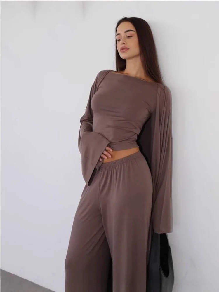 Women Casual Pants Suit Slimfitting Shirt Long Sleeves Floorlength Trousers Threepieces Set 2025 Fashion Loose Street Wear 250616