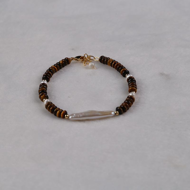 Natural Freshwater Pearls Handcrafted Bracelet Featuring Stone Accents - Brown Tones