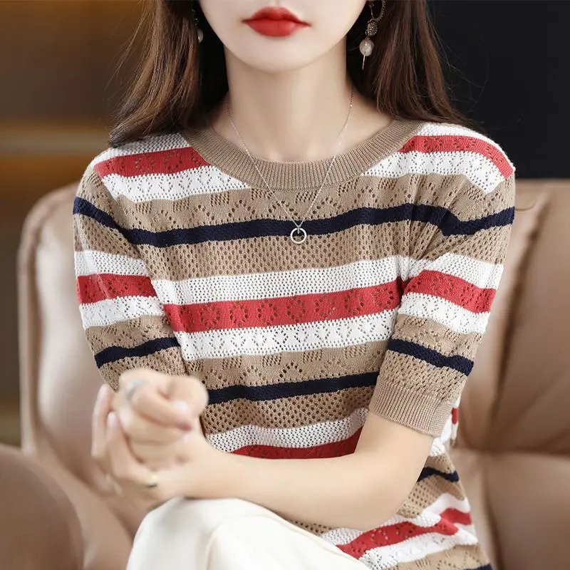 Summer Thin Fashion Crew Neck Striped Short Sleeve Loose Hollow Out Loose Sweater Knitted T-shirt Womens Tops 250614