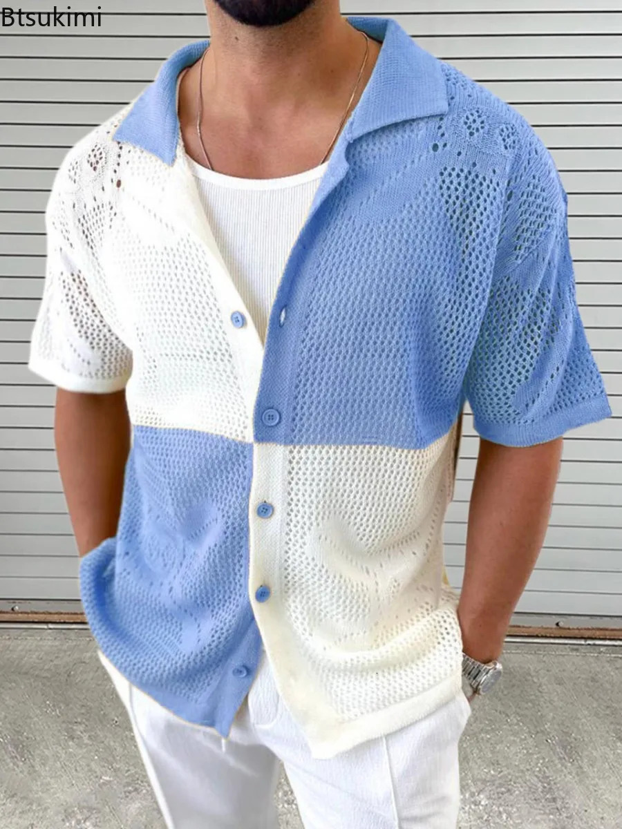2025 Vintage Knit Hollow Out Shirt for Men Fashion Contrast Color Loose Casual Short Sleeve Cardigan Tops Male Polo Shirt 250617
