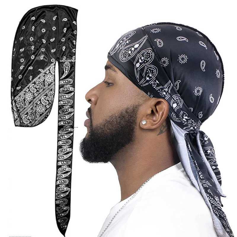 New Arrival New Men Satin Paisley Printed Durag Turban Bandanas Headwear Silky DuRag Doo Rag Long Tail Pirate Hat Wave Caps Hair Accessories U250623