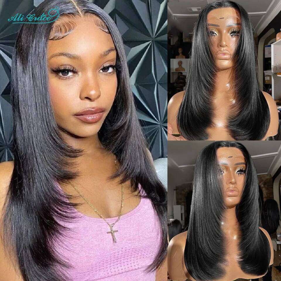 Ali Grace New Trendy Layered Cut Straight Human Hair Wigs Short Natural Color 5x5 Lace Closure Wig for Women