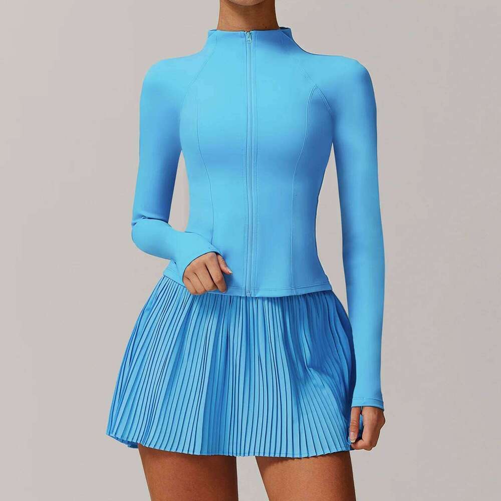 Yoga Workout Sets for Women 2 Pieces Gym Suits Long Sleeved Outfits Zipper Fiess Jacket Running Short Skirt Sportswear