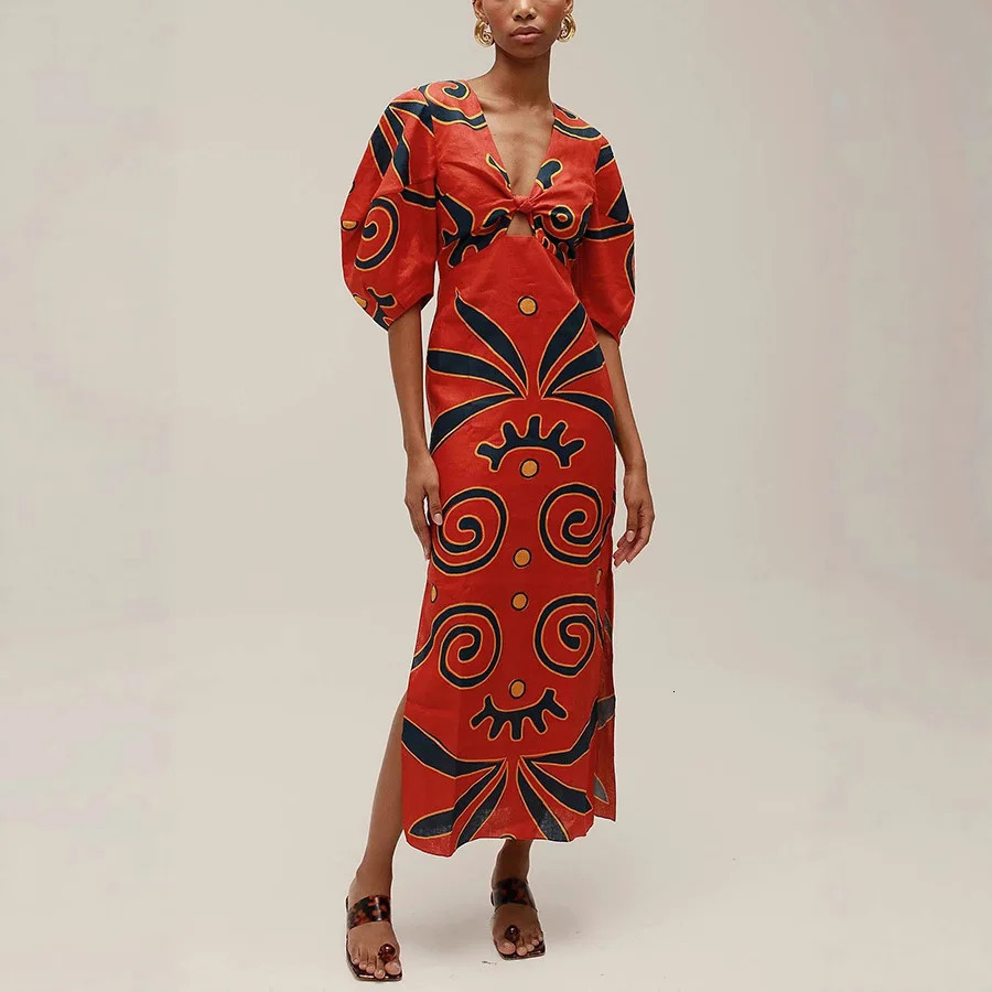 VEITCHE Summer Women Linen Material Long Dresses Fashion Chic Print Sexy Vneck Hollow Out High Waist Party Dress Lady robes 250616