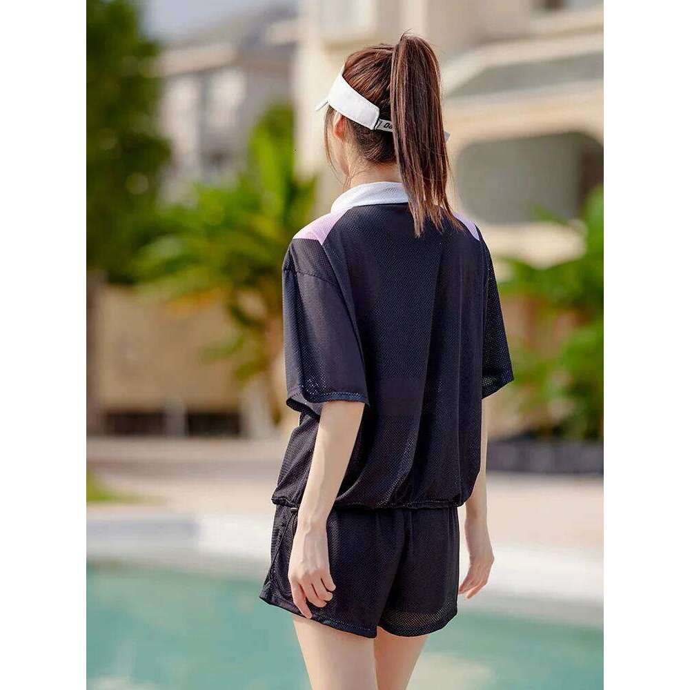 Women's 3 Piece Rash Guard Short Sleeve Swimsuits Zip Up Loose Shirt+Bra+Boyshorts Quick Dry Cover Ups Drawstring Beachwear