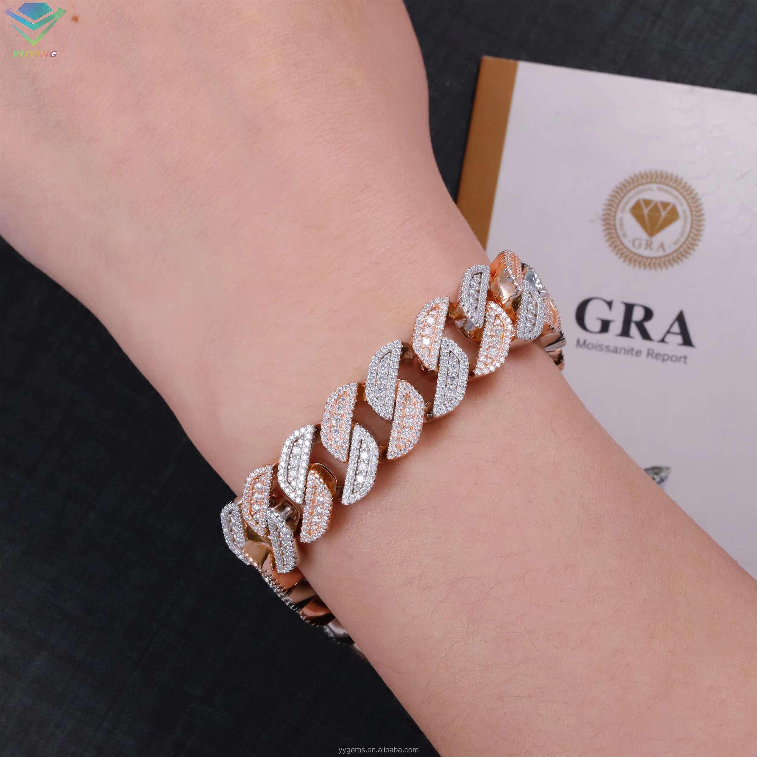 Hot Sale 2 Tone color Moissanite Bracelet 13mm S925 Silver Hip Hop Rapper Bracelet VVS Moissanite Diamond Cuban Bracelet