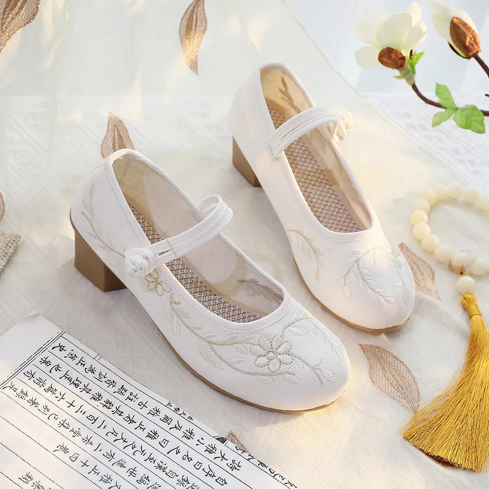 Veowalk 4cm Block Heels Women Cotton Embroidered Mary Jane Shoes Elegant Soft Comfortable Retro Costume Pumps White Beige 250624