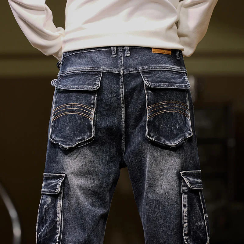 High Street Trendy Multi Pocket Denim Pants Men American Vintage Jeans Oversized Loose Fat Straight Trouser Cargo Pant Versatile 250624