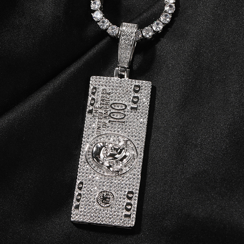 Mens US Dollar Bill Pendant Necklace Niche Personalized Rap Trend White Gold Iced Out Zirconia Money Cash Collar Hip Hop Rapper Jewelry Accessories Bi