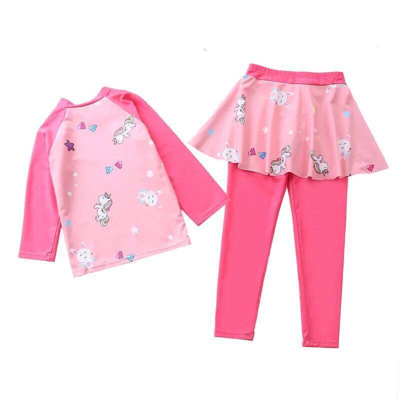 Swimwear Long Sleeve Rash Guard Skirted Pants Two Pieces Set Children's Swimsuit for Girls Summer Beach Bathing Suit Kids