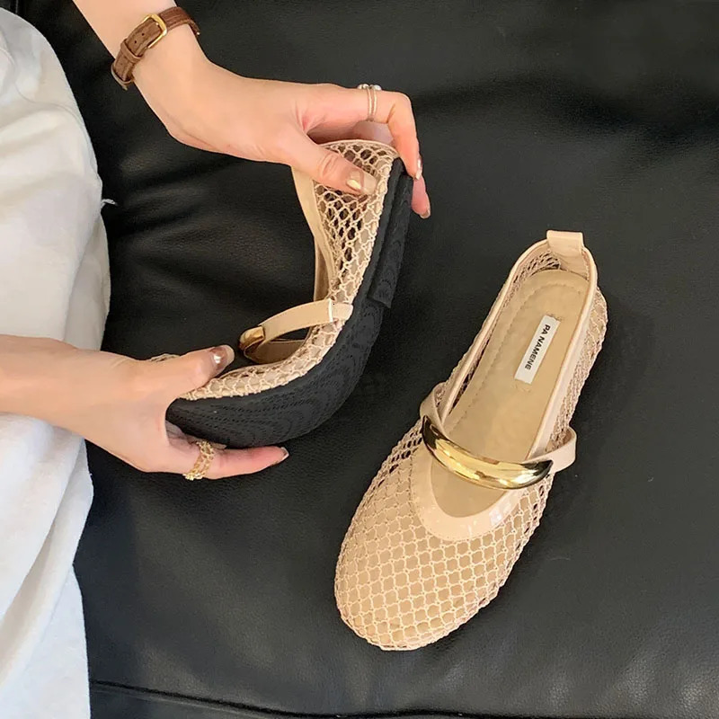 In Summer Spring Female Shallow Ladies Flats Mary Janes Shoes Round Toe Fashion Metal Women Slip On Footwear 250624