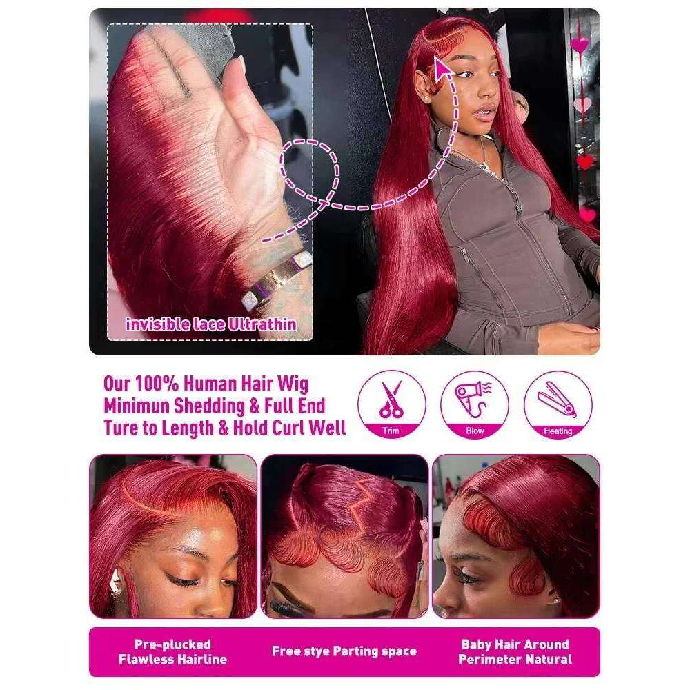 99J Bury Front Human Hair 30 40 Inch 13x6 Straight Frontal Wigs HD Transparent Lace Colored Red Wig For Women