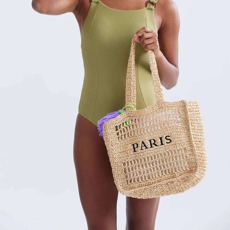 Casual Hollow Letters Straw Shoulder Bags For Women Paper Woven Large Tote Handmade Summer Beach Bag Big Shopper Purses 2024