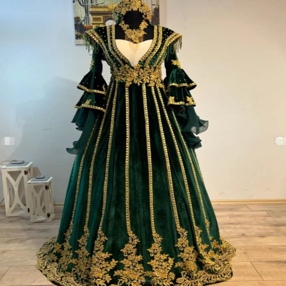 Muslima Turkish Evening Dress emerald green velvet Moroccan Prom Dress Gold Appliques Ottoman Formal Caftan Dress Customized