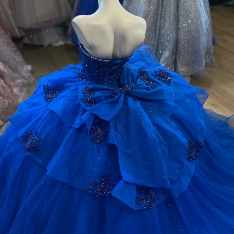 Royal Blue Glitter Quinceanera Dresses Ball Gown Lace Applique Beading Tiered Tull Bow Sweet 16 Dress Vestido De 15 Anos