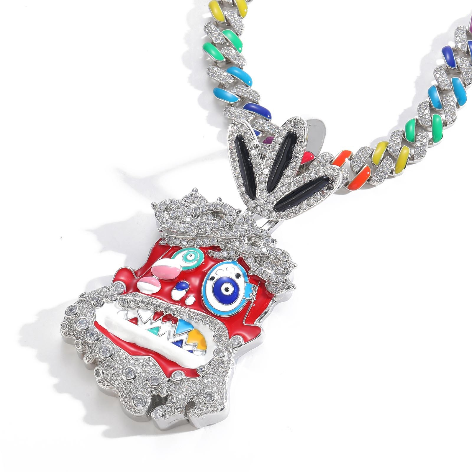 3D Iced Out Bling Cartoon Head Hip Hop Enamel Inlay Trendy Creative Statement Unisex Necklace Pass the diamond tester