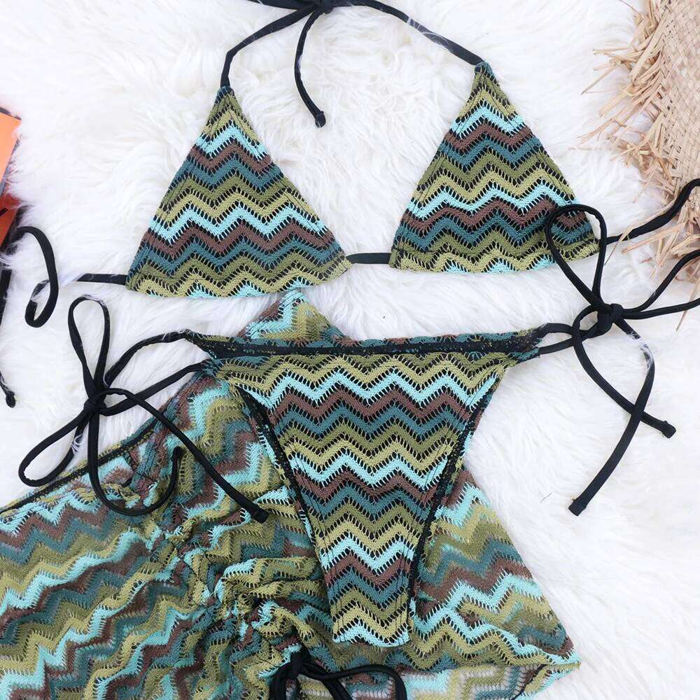 Colorful Ripples Bikinis 2024 Swimwear 3 Pieces Swimming Suits Lady Swimsuit Women Brazilian Bikini Set Ruched Skirt Beachwear