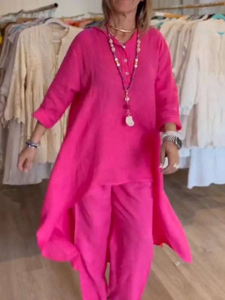 2024 Europe and the United States crossborder summer pure color casual longsleeved cotton linen suit women 250614