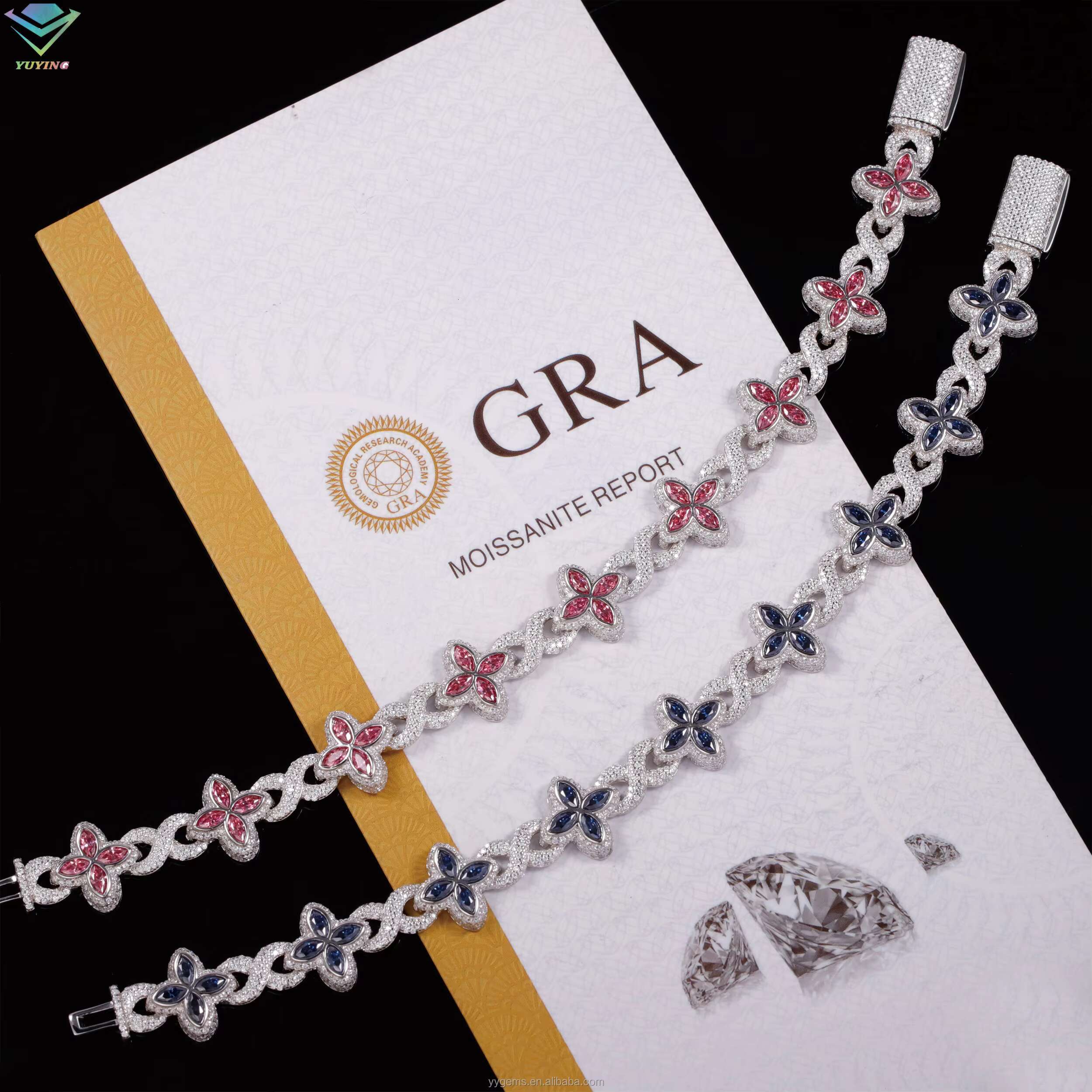 Yu Ying New Trends Pink Marquise Moissanite Diamonds Gold Plated 925 Sterling Silver Four Leaf Clover Infinity Bracelets Jewelry