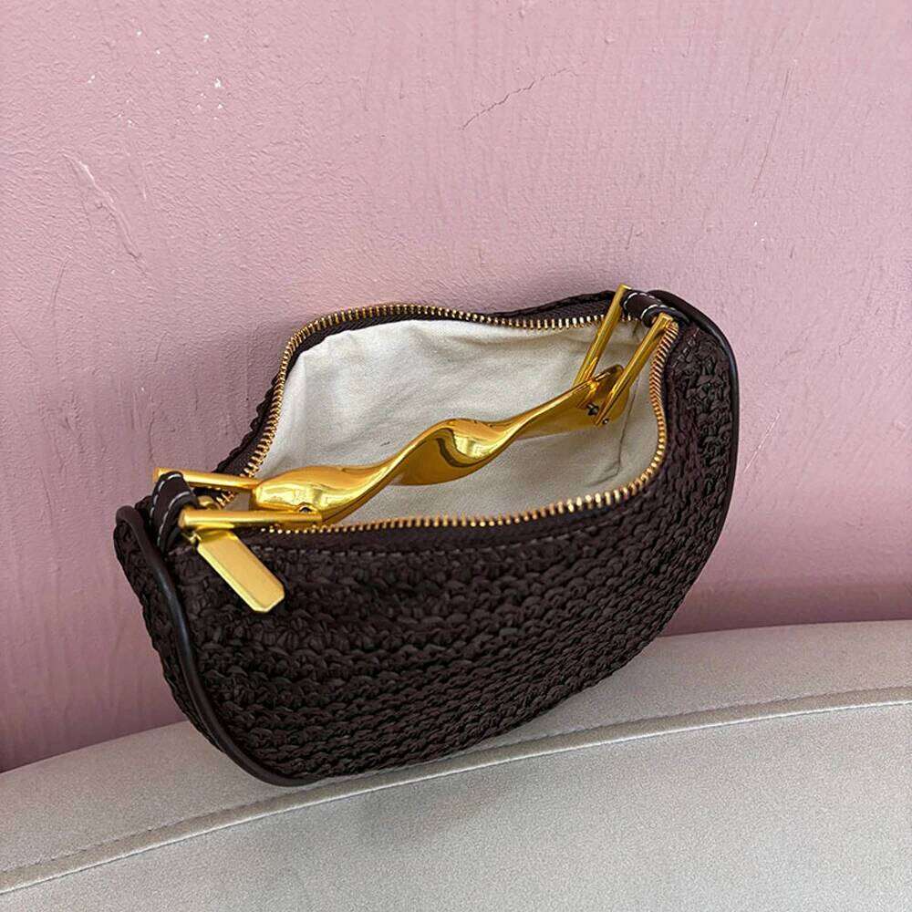 Luxury Designer bags Metal Handle Straw Bags for Women Half Moon Rattan Woven Chain Shoulder Bohemian Travel Beach Bag Designer Crossbody Handbag