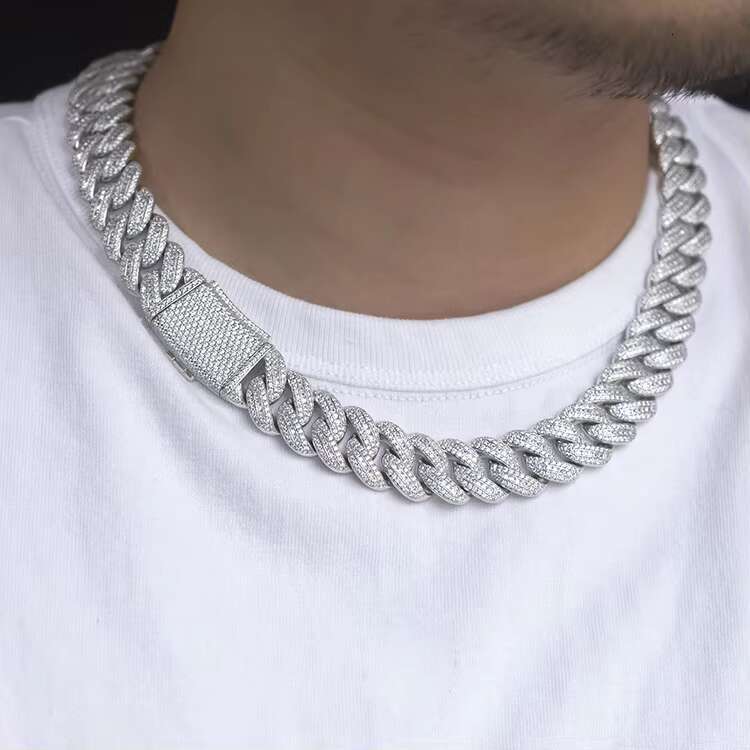 Wholesale Price Paseed Diamond Tester 18mm Miami Cuban Link Chain S925 Silver 3rows Iced Out With Princess Moissanite Necklace