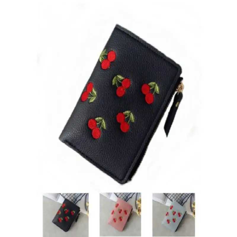 Women Vertical Buckle Cherry Embroidered Small Short Wallet Simple Wallet Girls Zipper Purse XJ250624