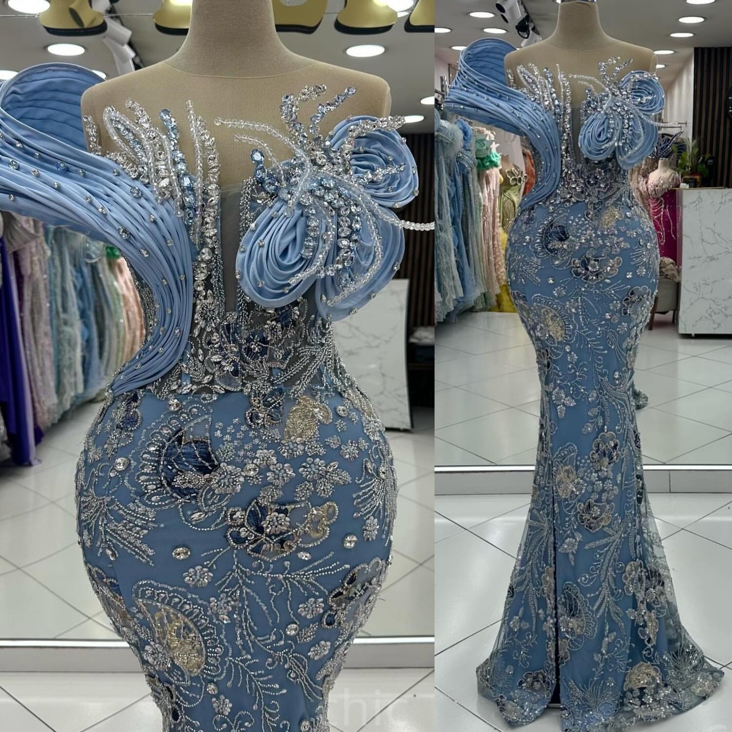 Sky Blue Mermaid Prom Dresses 2025 Rhinestones Floral Sequined Lace Evening Formal Party Second Birthday Engagement Gowns Plus Size Dress For Special 