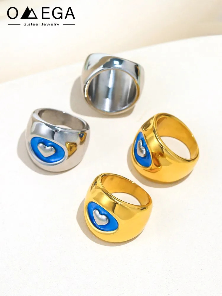 Stainless Steel Carved Heart Rings With Blue Color Enamel For Women 18k Gold Plated Waterproof Non Tarnish Womens Chunky Ring 250624
