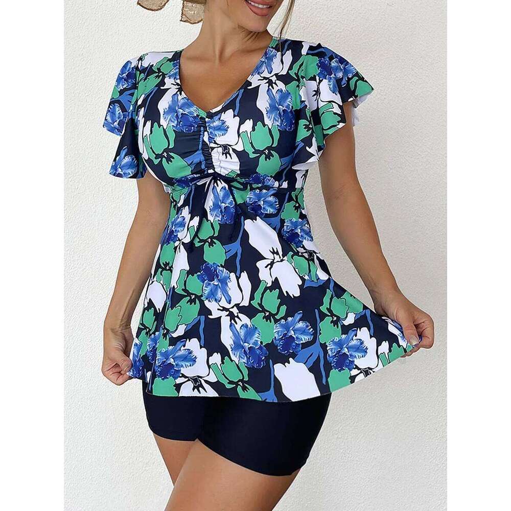 Two Piece Swimsuit Women 2025 Printed Tankini Set Tie Front Drawstring Swimwear Female Bathing Swimming Suit Beachwear Summer