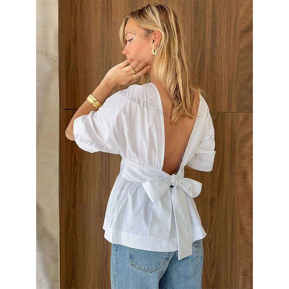 hoodie Fashion Bow Backless Pleated Shirts Women Solid O-neck Half Sleeve Waist-Closed Top Spring Summer Lady High Street Shirt jacket