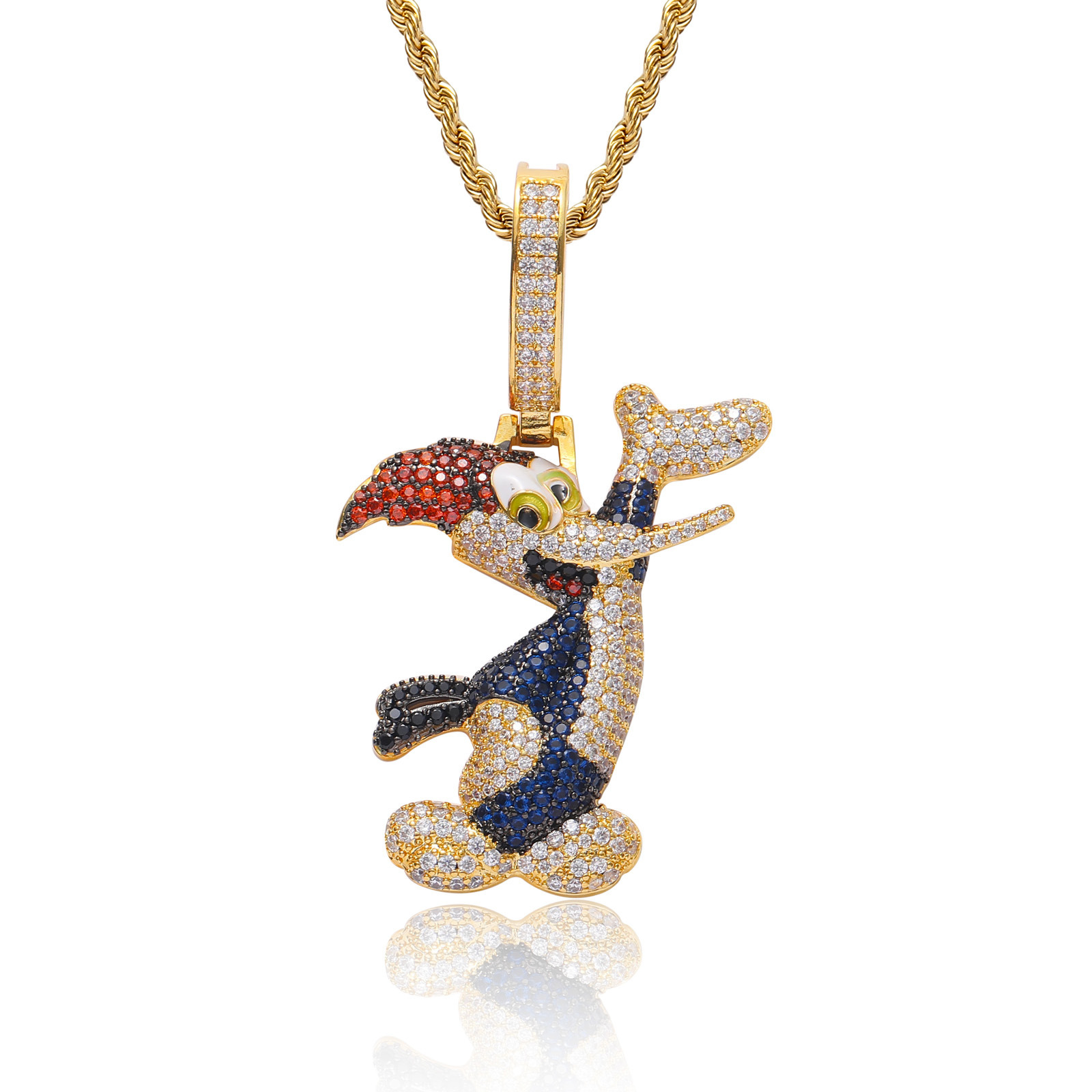 New Style Cartoon Woodpecker Pendant Cute Ice Out Colorful Diamond Hip Hop Men's Stylish Moissanite Necklace Pass the diamond tester