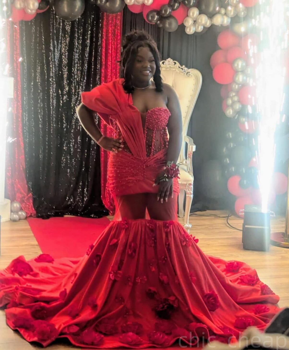 Red Mermaid Prom Dresses 2025 Pearls Beaded Flowers Satin One Shoulder Evening Formal Party Second Birthday Engagement Gowns Plus Size Dress For Speci