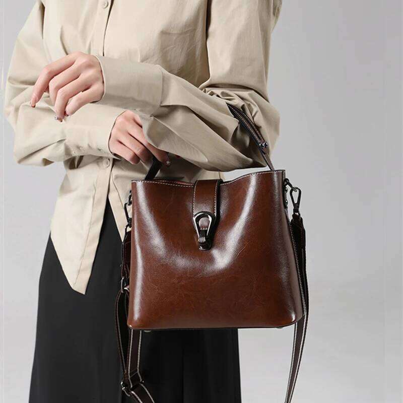 Burminsa Genuine Leather Bucket Small Shoulder Crossbody Bags For Women 2025 Trend Designer Wide Strap Oil Waxed Ladies Handbags