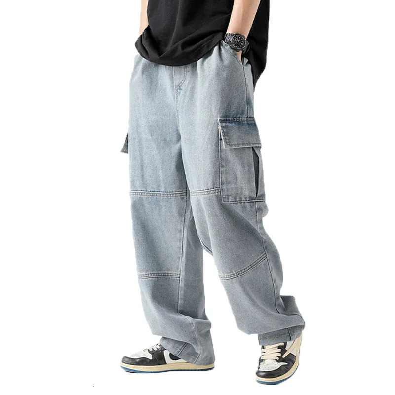 MenS Multi Pocket Jeans Vintage Distressed Loose Workwear Pants Korean Casual Drawstring Straight Leg Pants Wide Leg Pants 250624