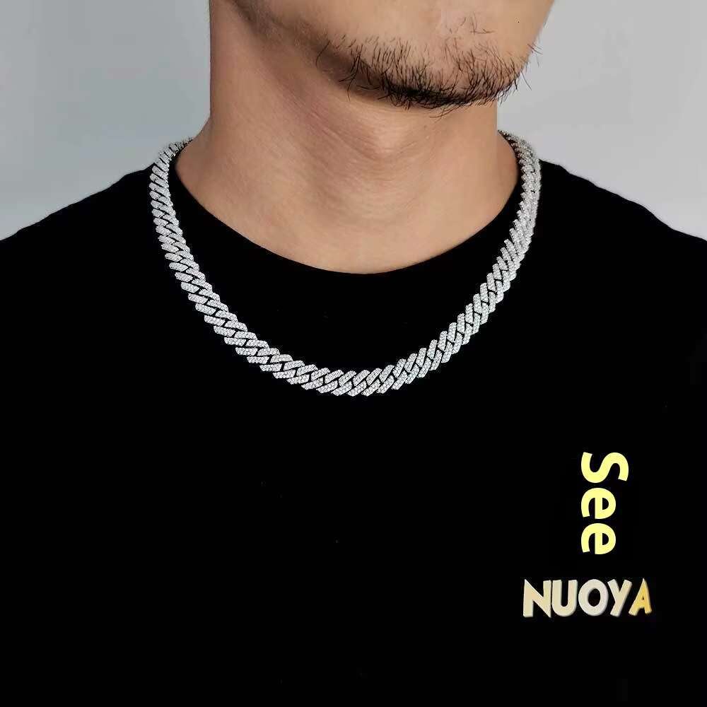 European American Brand 10mm S925 Silver Necklace with Mosan Diamond Fashionable Cuban Chain for Mens Hip-hop Style