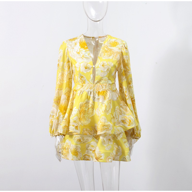 French Elegance V-Neck Printed Short Dress with Lantern Sleeves and Tiered Skirt