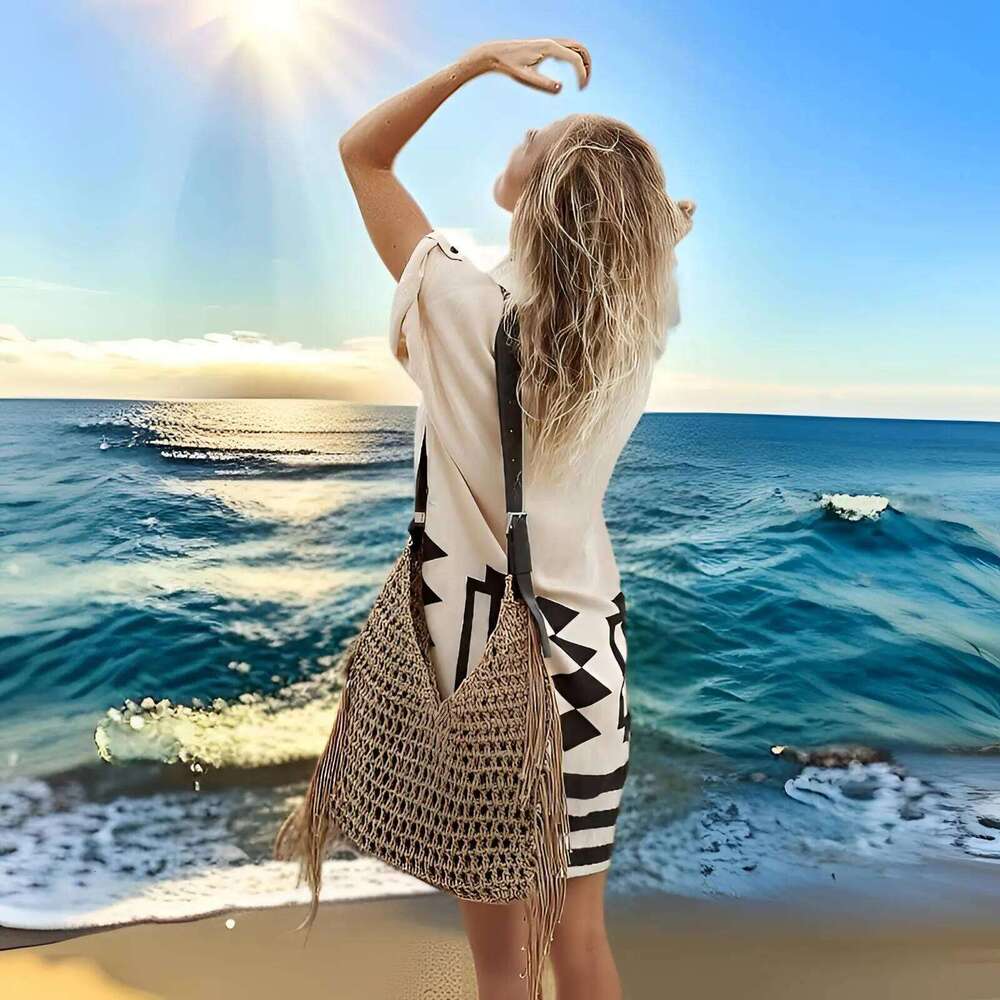 Bags Bohemian Beach Tote Bag For Women - Waterproof Nylon Crossbody Purse With Hollow Tassels, Boho Embroidery & Inner Pockets