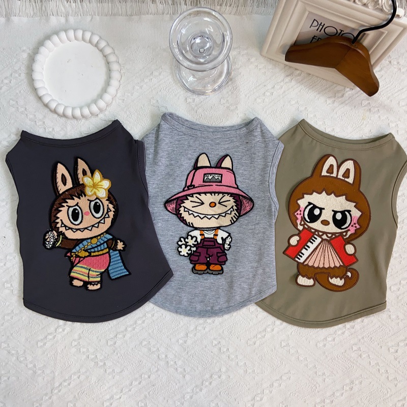 Dog Shirt Dog Vest Summer Fashion Embroidery Dog Clothes with Labubu Exquisite Embroidery Cool Breathable Cotton T-Shirt, Small Medium Dog Boys Girls 