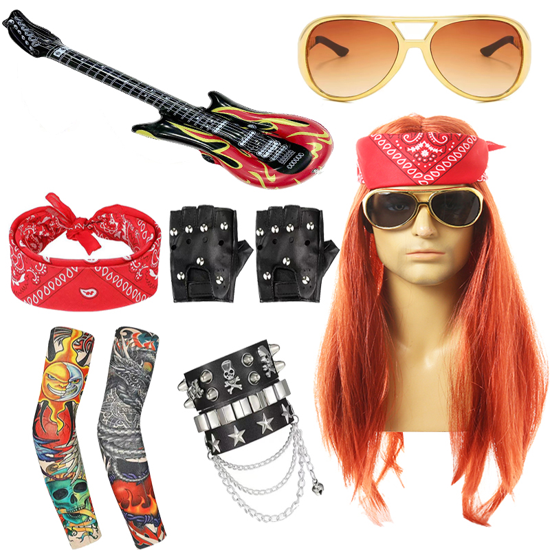 Men's and women's long straight hair 70's 80's heavy metal rock wig disco punk wig red yellow hip-hop trend role-playing cosplay