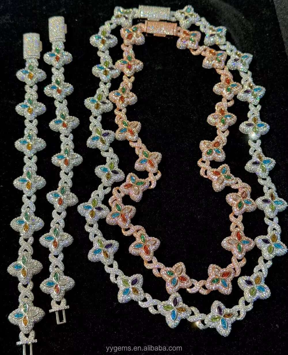 Yu Ying Custom Marquise Cut Fancy Colors Moissanite Real Gold Plated S925 Silver Cuban Link Chain Necklace Hip Hop Jewelry