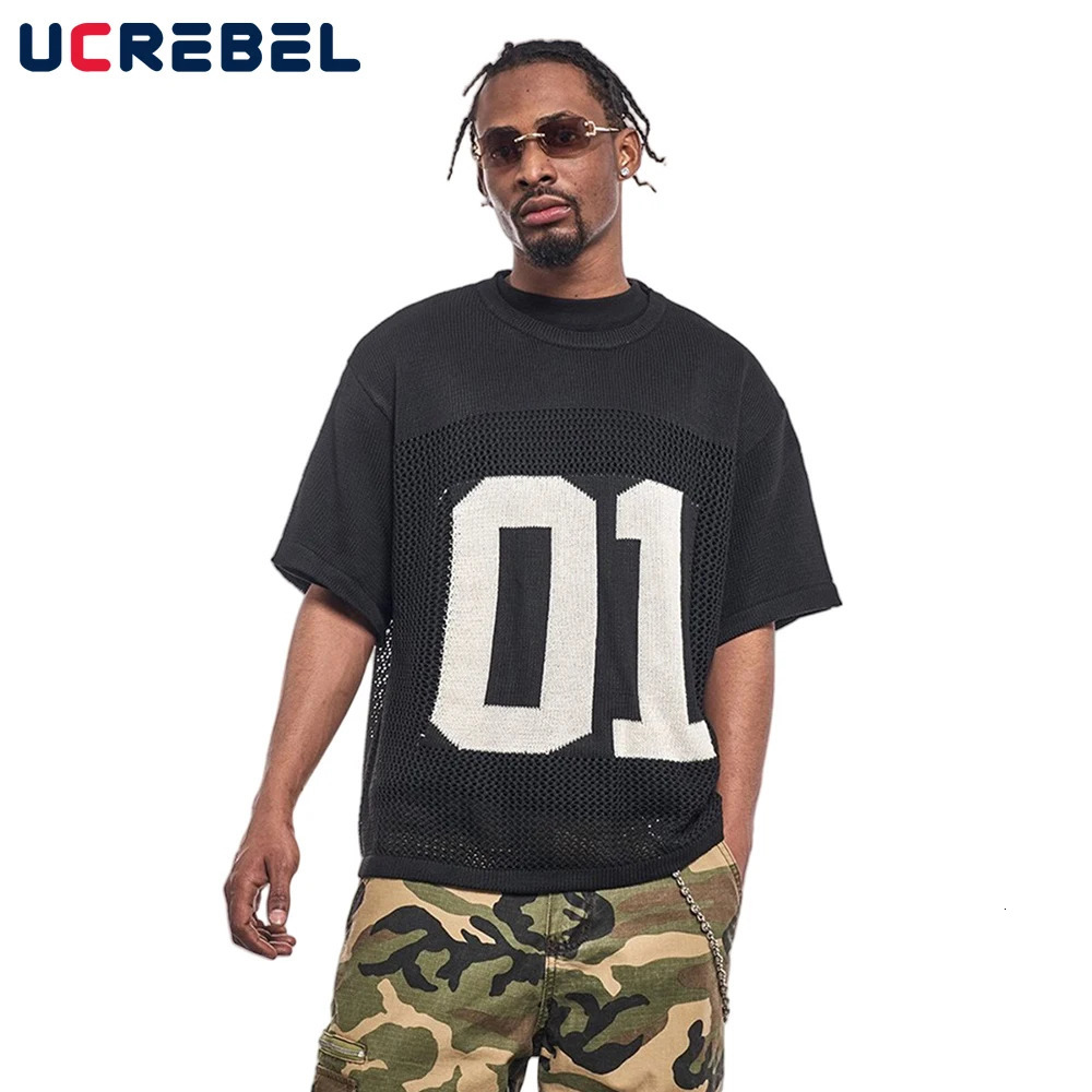 Hollow Out Letter Jacquard Knitted T-shirt Mens Summer High Street Loose Crew Neck Half-Sleeve Breathable tee Men 250617