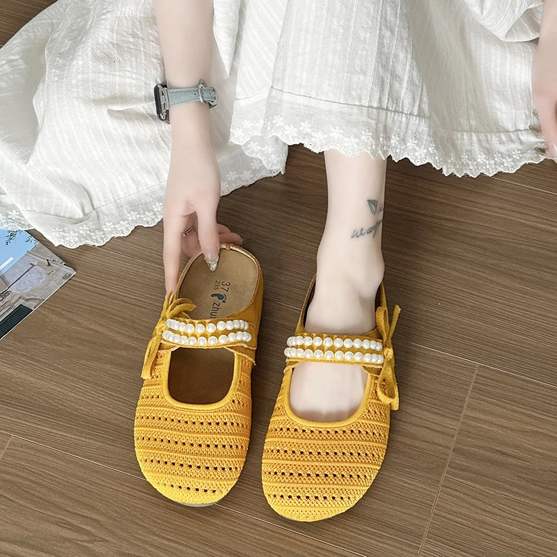Womens Spring Summer Hollow out Woven Flat Sandals Mary Janes SlipOn Casual Shoes round Toe Low Heel Footwear 250624