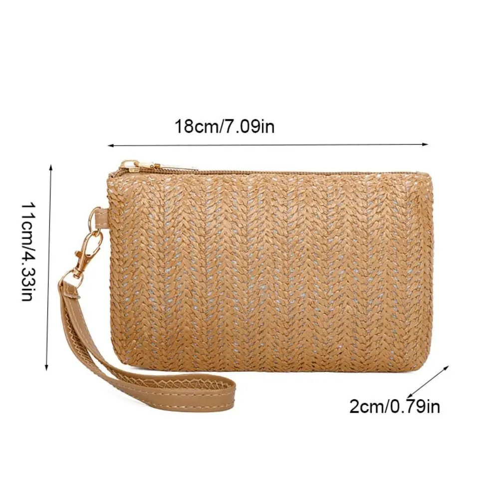 Cute Solid Color Straw Woven Coin Purse Lightweight Earphone Case Small Lipstick Bag Wrist Bag Hand Held Card Holder Daily R250624