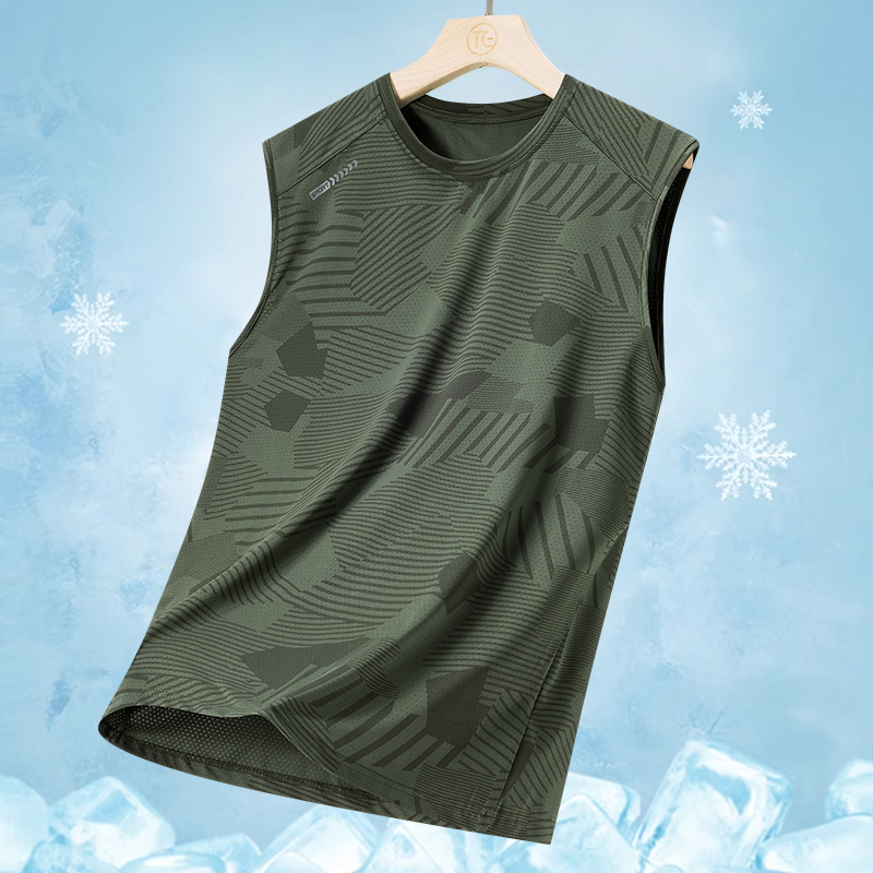 Summer ice silk vest t-shirt men's camouflage quick drying elastic outdoor sports thin style air conditioning casual sleeveless jersey trendy