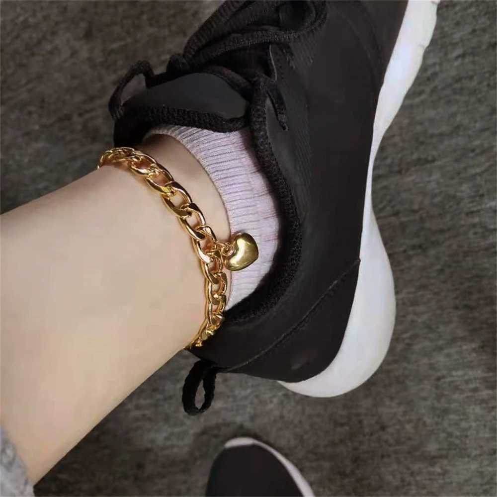 Stainless Steel Heart Anklets Fashion Cuban Chain Accessory Summer Beach Anklet For Women Foot Jewelry Gold Color Feet Gifts U250624