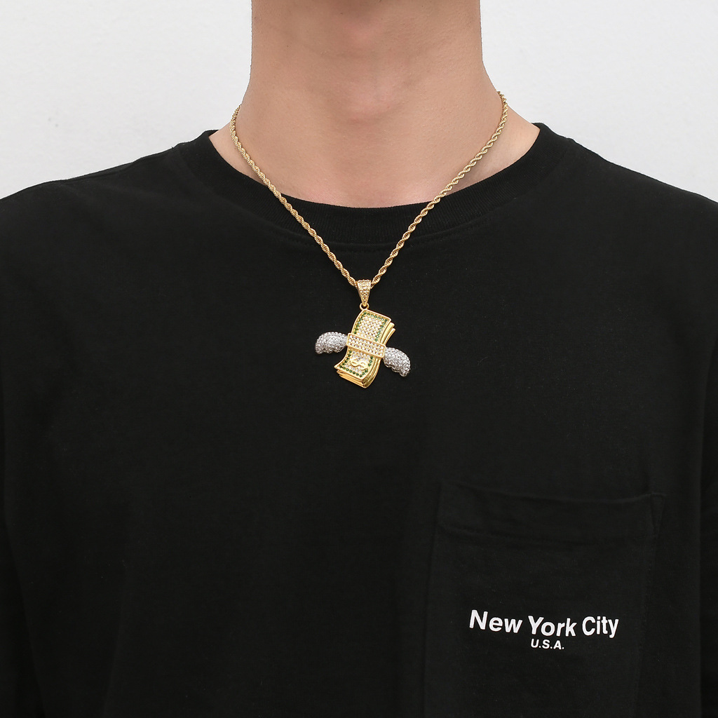 Luxury Moissanite Wing Dollar Pendant Hip Hop Style Iced Out Street Punk Necklace Jewelry Pass the diamond tester
