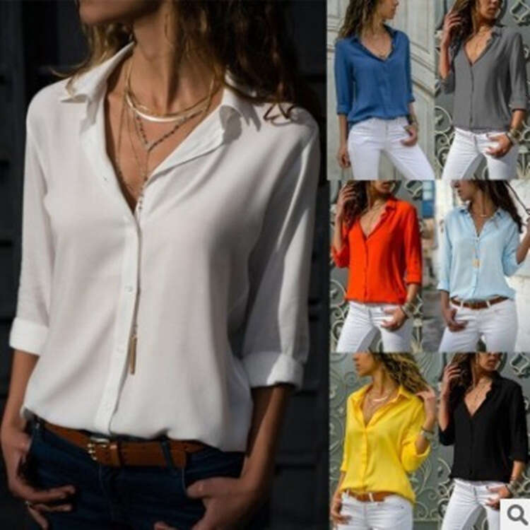 Autumn Winter Women's New Long Sleeve Deep V Button Chiffon Blouse B5